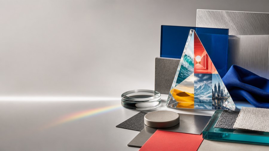 Studio still life: glass prism, brushed metal sphere and paper samples on a white table with side light