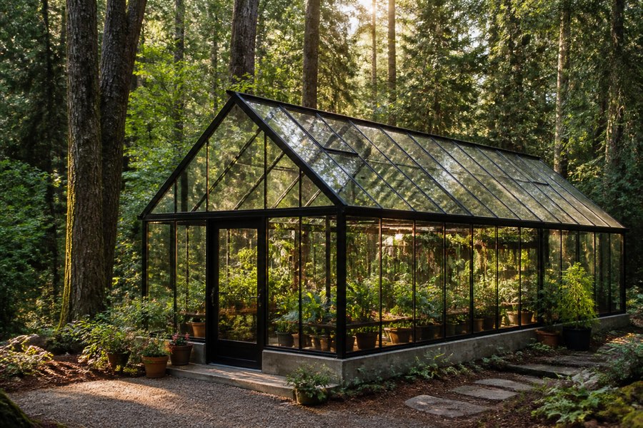 Generic AI render of a glass house in a forest at sunset — competent but visually unspecific