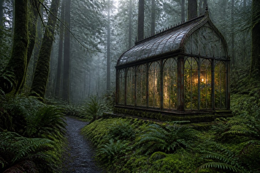 Refined render: minimalist glass pavilion among wet pines at blue hour, warm interior light, thin mist