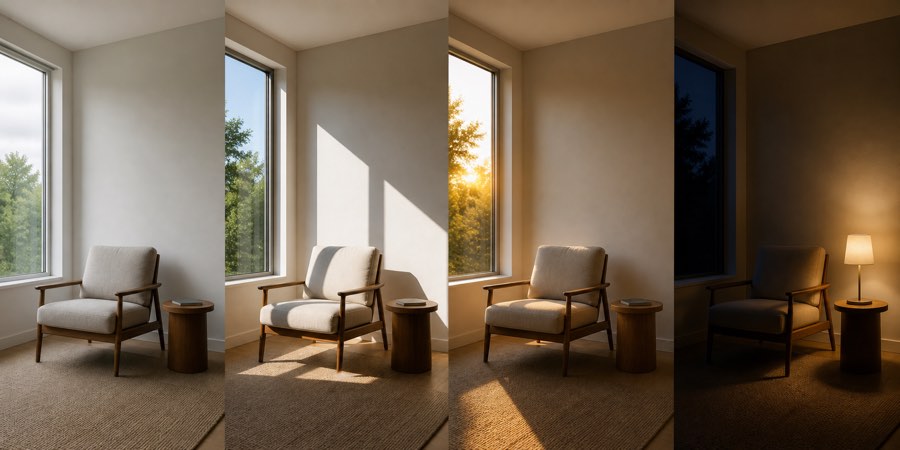 Four renders of the same reading chair under four different lighting treatments